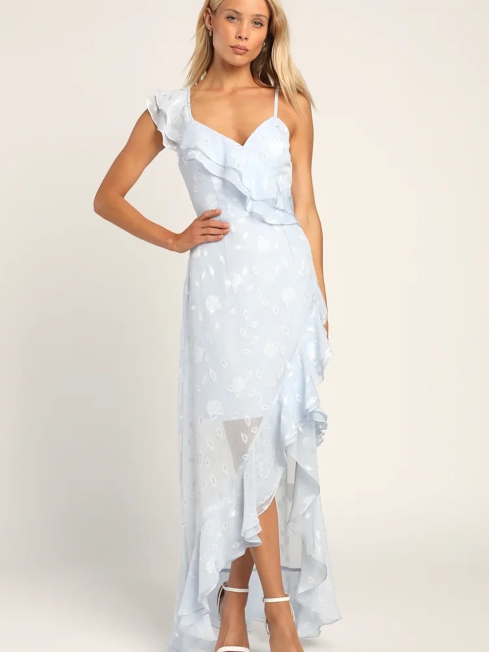 Lulu's Pale Blue Asymmetrical Ruffle Maxi Dress